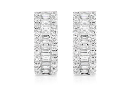 BAGUETTE AND ROUND BORDER DIAMOND HOOP EARRINGS 14K SOLID GOLD