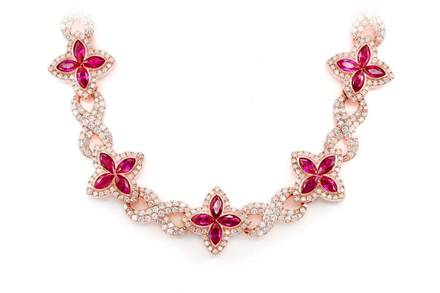 RUBY DIAMOND MARQUISE FLOWER INFINITY LINK NECKLACE SOLID GOLD 33.75CTW