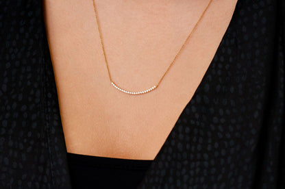 CURVED BAR DIAMOND NECKLACE CONNECTED 14K SOLID GOLD 0.20CTW