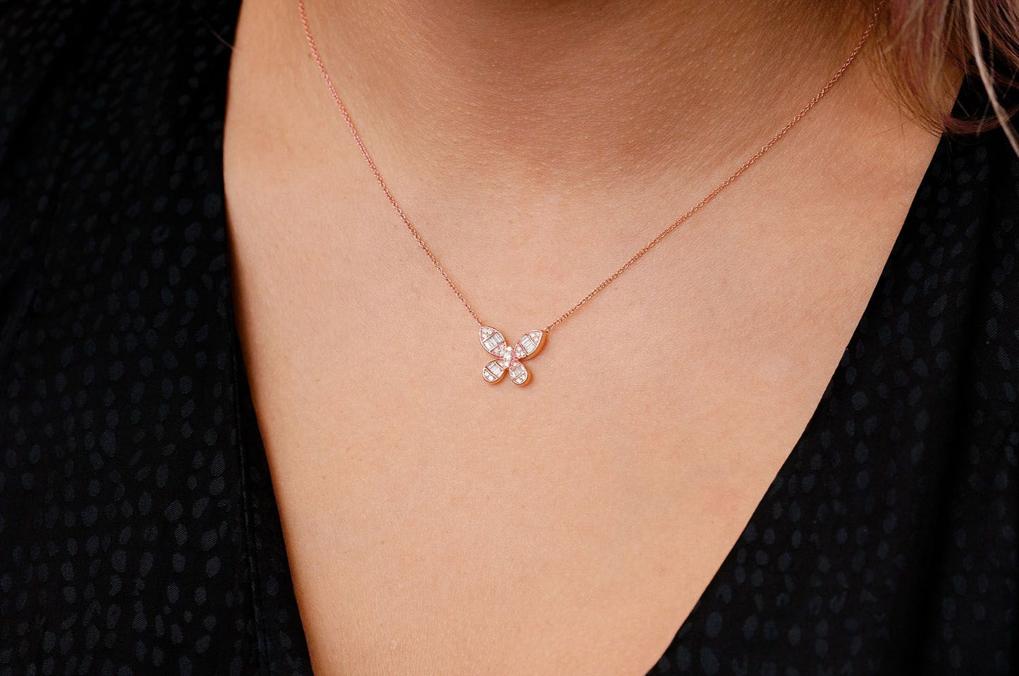 BUTTERFLY BAGUETTE DIAMOND NECKLACE CONNECTED 14K SOLID GOLD 0.33CTW