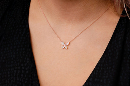 BUTTERFLY BAGUETTE DIAMOND NECKLACE CONNECTED 14K SOLID GOLD 0.33CTW