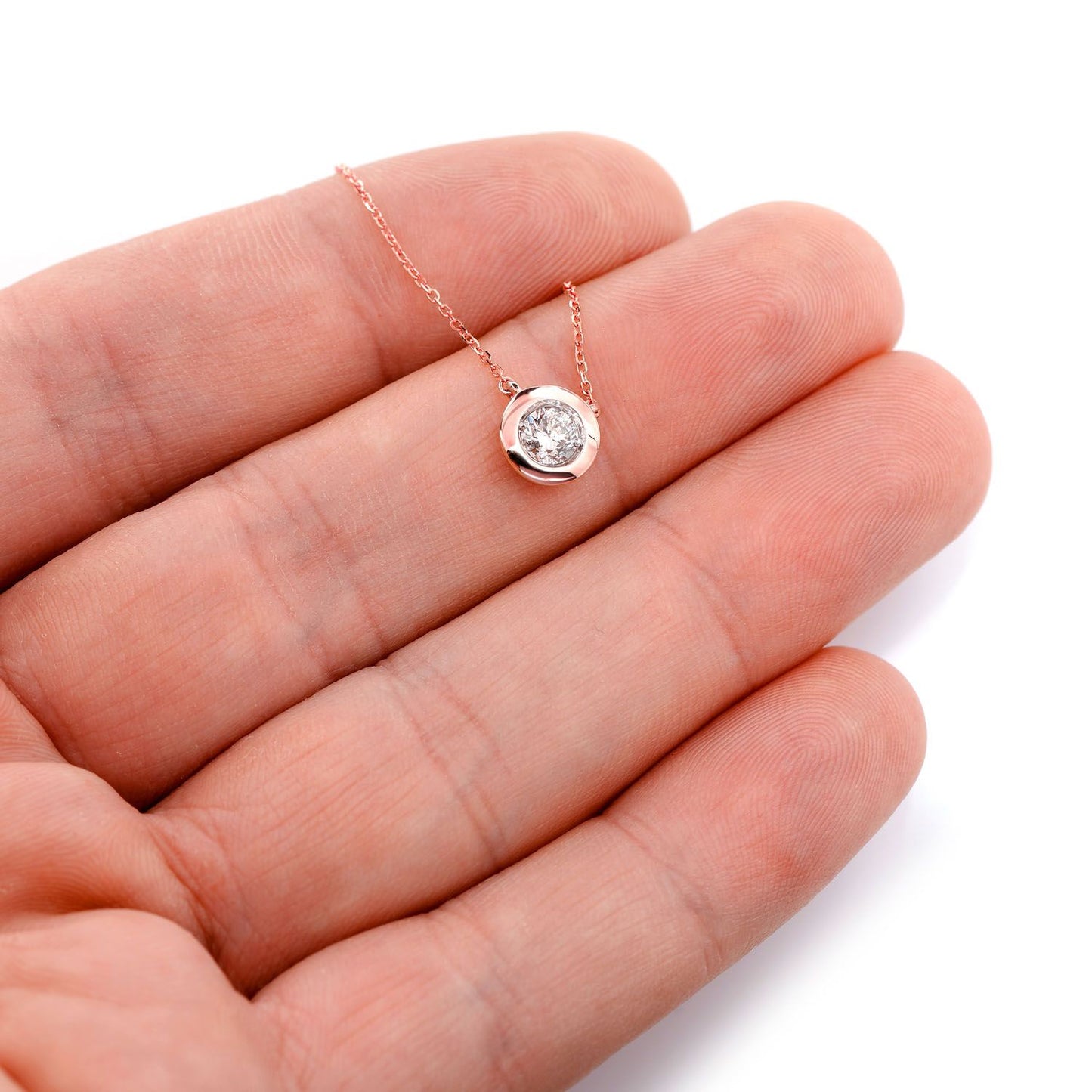 SOLITAIRE ROUND BEZEL PENDANT NECKLACE ATTACHED 14K SOLID GOLD 0.40CT