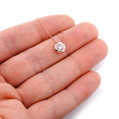 SOLITAIRE ROUND BEZEL PENDANT NECKLACE ATTACHED 14K SOLID GOLD 0.40CT