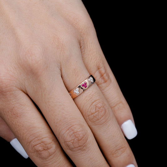 RUBY AND DIAMOND CLUSTER HEART BAND RING 14K SOLID GOLD 0.12CTW