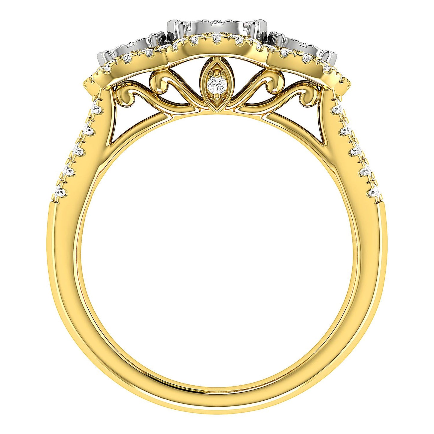 3 STONE CLUSTER SPLIT SHANK DIAMOND ENGAGEMENT RING 0.85CTW - 14K SOLID GOLD