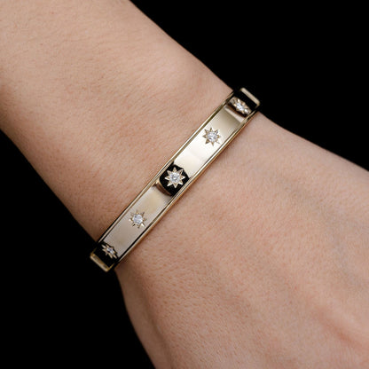SATIN DIAMOND STAR BANGLE BRACELET 14K SOLID GOLD 0.40CTW