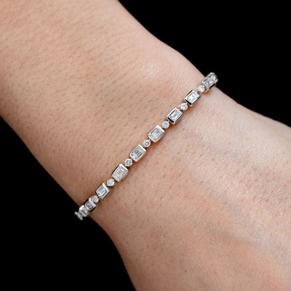 DIAMOND BAGUETTE AND ROUND BEZEL ALTERNATING LINK BRACELET 14K SOLID GOLD 1.20CTW