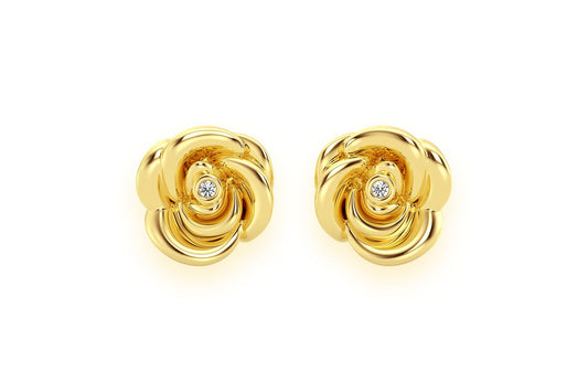 ROSE FLOWER DIAMOND STUD EARRINGS 14K SOLID GOLD 0.02CTW