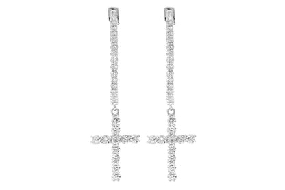 LARGE DANGLING CROSS DIAMOND HOOP EARRINGS 14K SOLID GOLD 2.70CTW