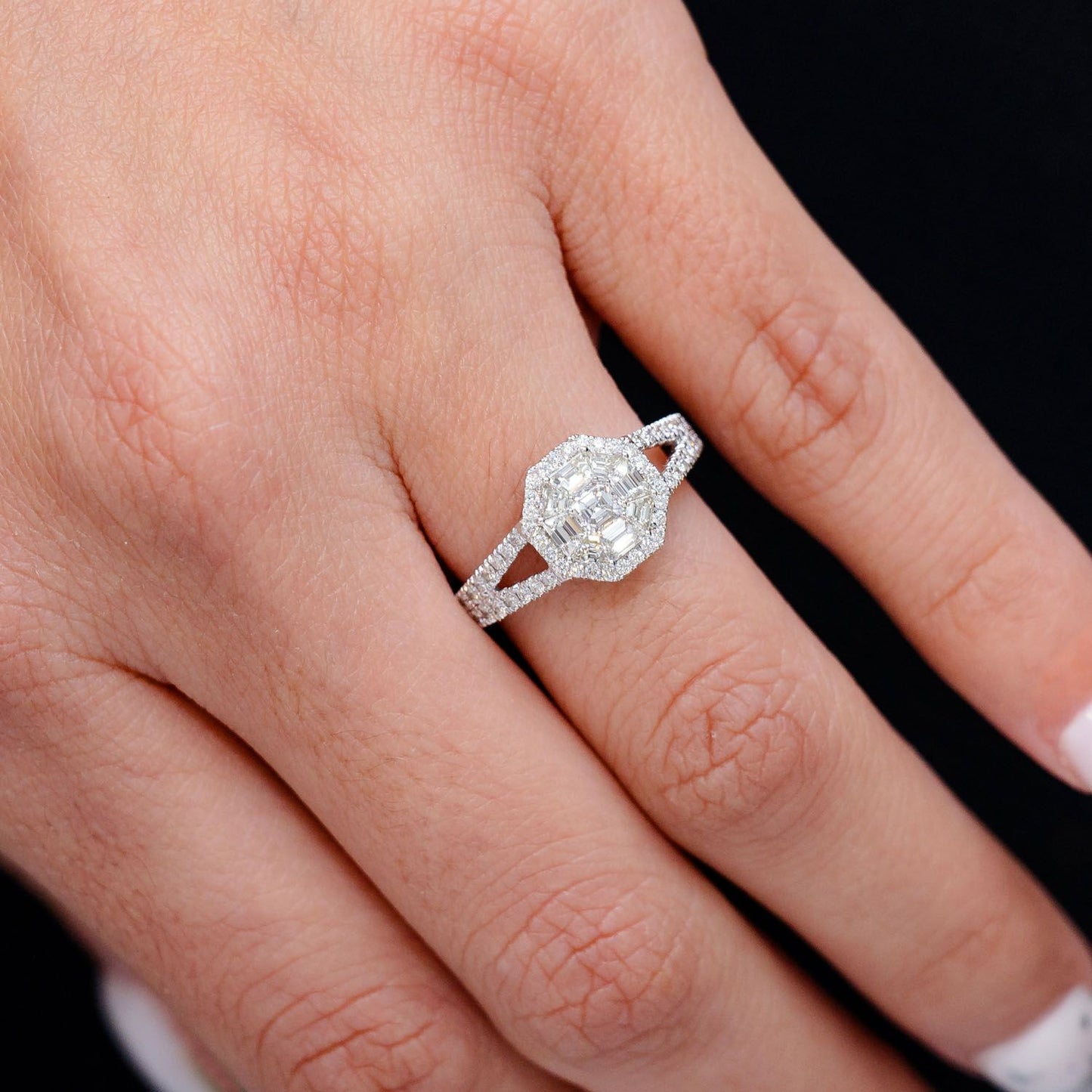 0.95CTW OCTAGON HALO SPLIT SHANK DIAMOND ENGAGEMENT RING 14K SOLID GOLD