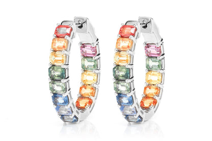 RAINBOW COLORED SAPPHIRE INSIDE OUTSIDE HOOP EARRINGS 14K SOLID GOLD 7.10CTW