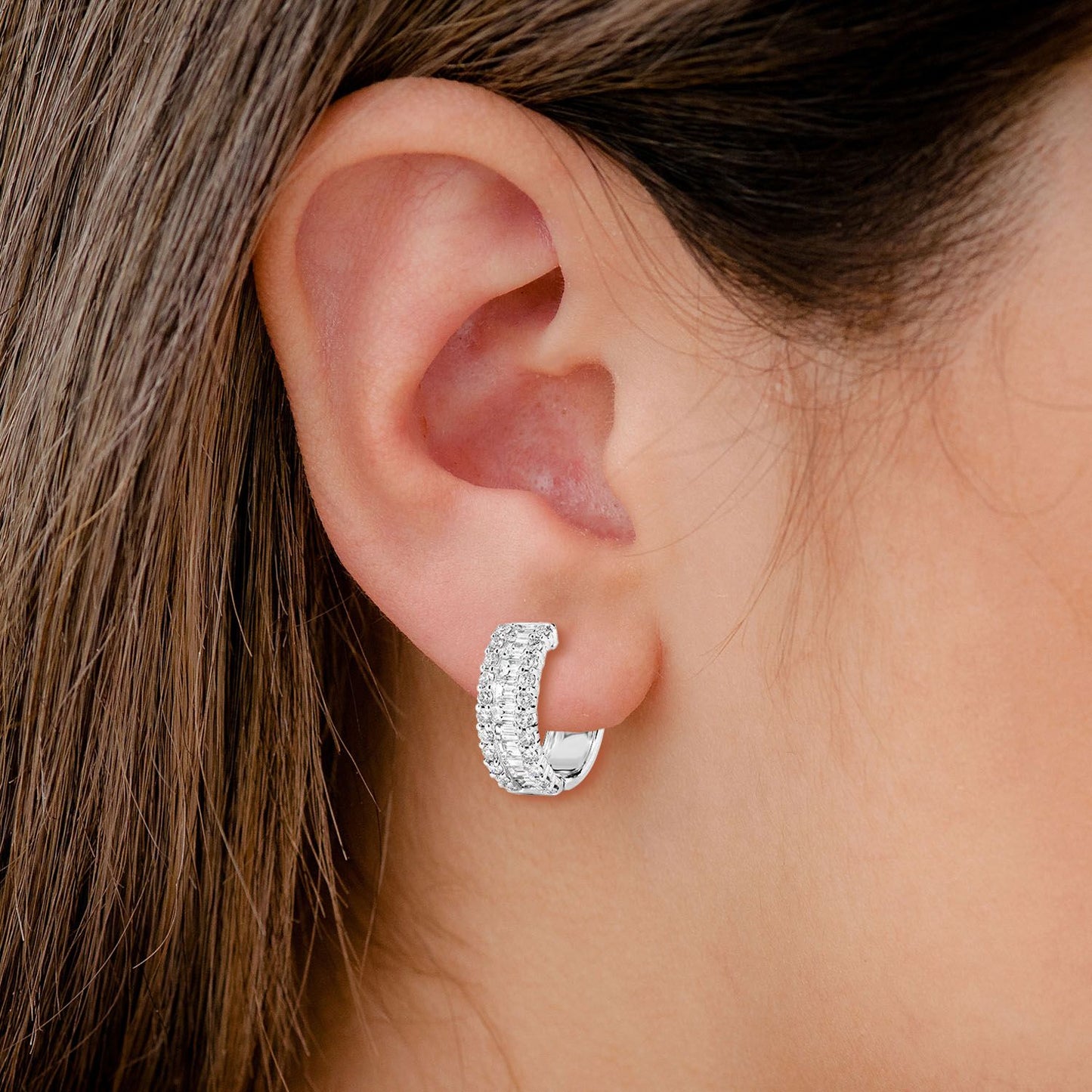 BAGUETTE AND ROUND BORDER DIAMOND HOOP EARRINGS 14K SOLID GOLD