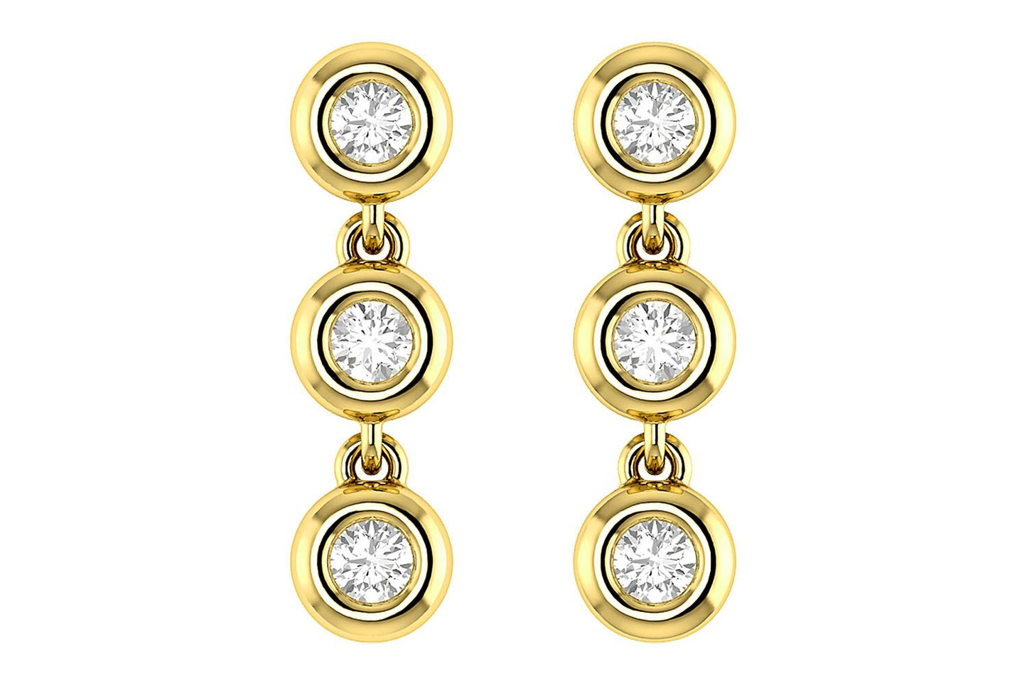 TRIPLE BEZEL DIAMOND DANGLE EARRINGS 14K SOLID GOLD 0.15CTW