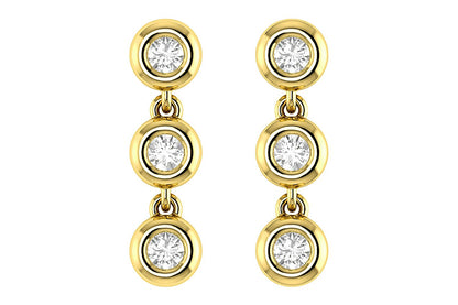 TRIPLE BEZEL DIAMOND DANGLE EARRINGS 14K SOLID GOLD 0.15CTW