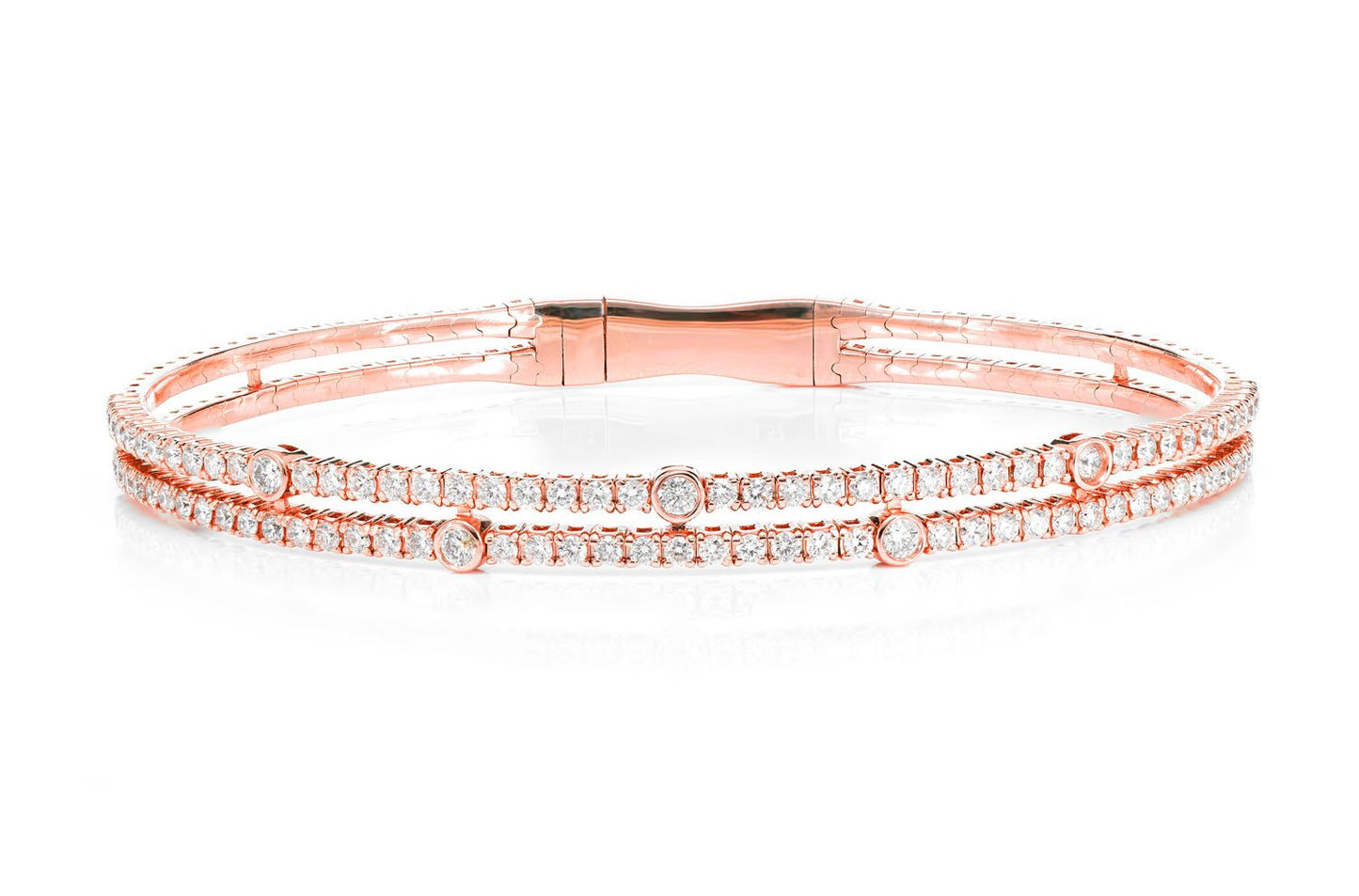 TWO ROW SCATTERED BEZEL FLEX BANGLE BRACELET 14K SOLID GOLD 1.55CTW