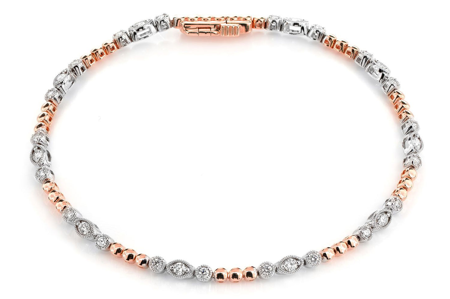 OVAL AND ROUND DIAMOND BEAD BEZEL LINK BRACELET 14K SOLID GOLD 0.66CTW