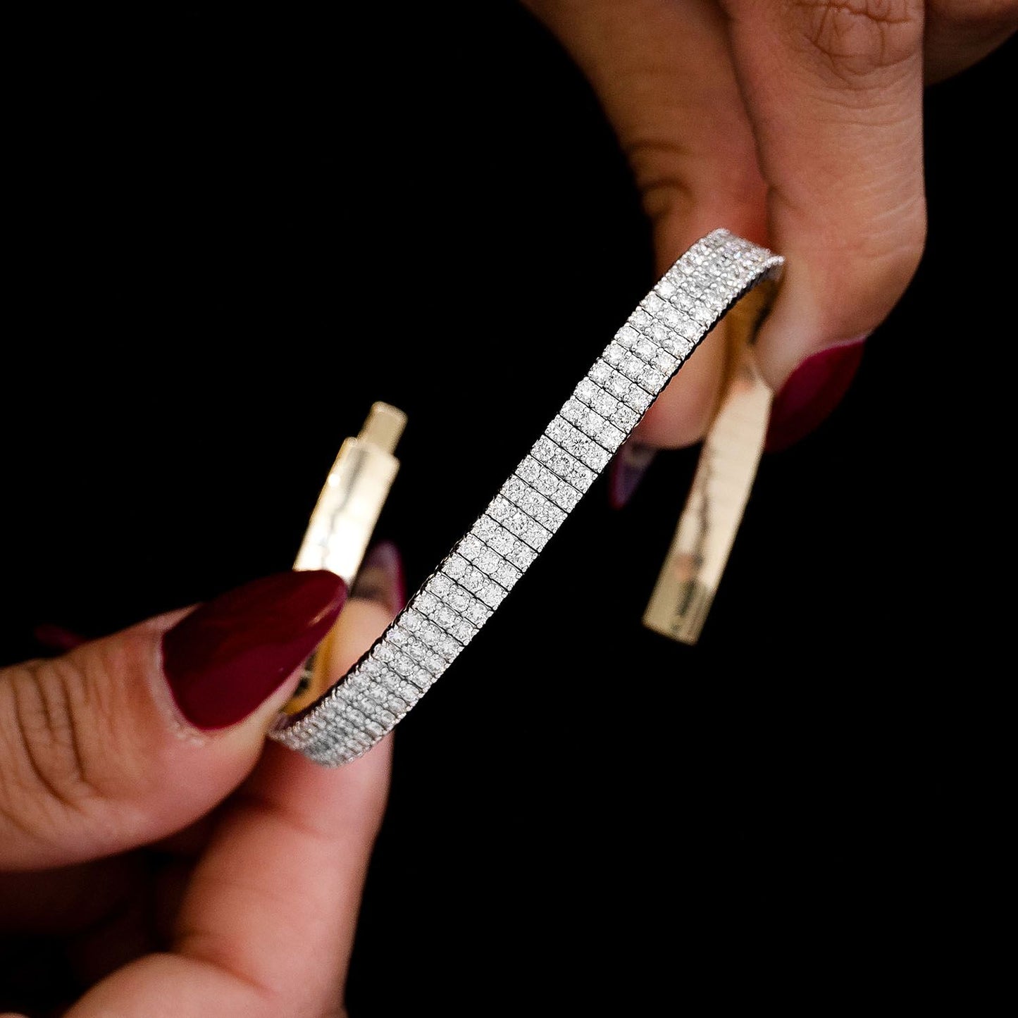 THREE ROW DIAMOND FLEX BANGLE BRACELET 3.85CTW 14K SOLID GOLD
