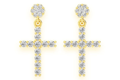 CROSS DANGLING STUD DIAMOND EARRINGS 14K SOLID GOLD 1.25CTW