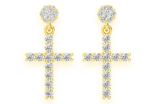 CROSS DANGLING STUD DIAMOND EARRINGS 14K SOLID GOLD 1.25CTW