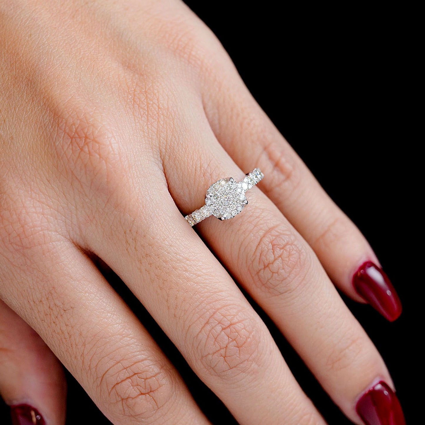 0.85CTW SQUARE CLUSTER HALO 14K SOLID GOLD - DIAMOND ENGAGEMENT RING