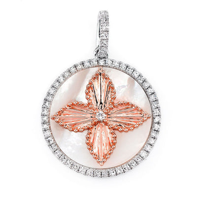 MOTHER OF PEARL AND DIAMOND FOUR PETAL FLOWER DISC PENDANT 14K SOLID GOLD 0.30CTW