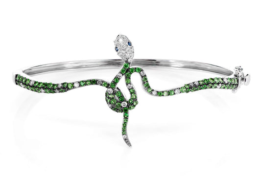 EMERALD AND DIAMOND SNAKE BANGLE BRACELET 14K SOLID GOLD 2.00CTW