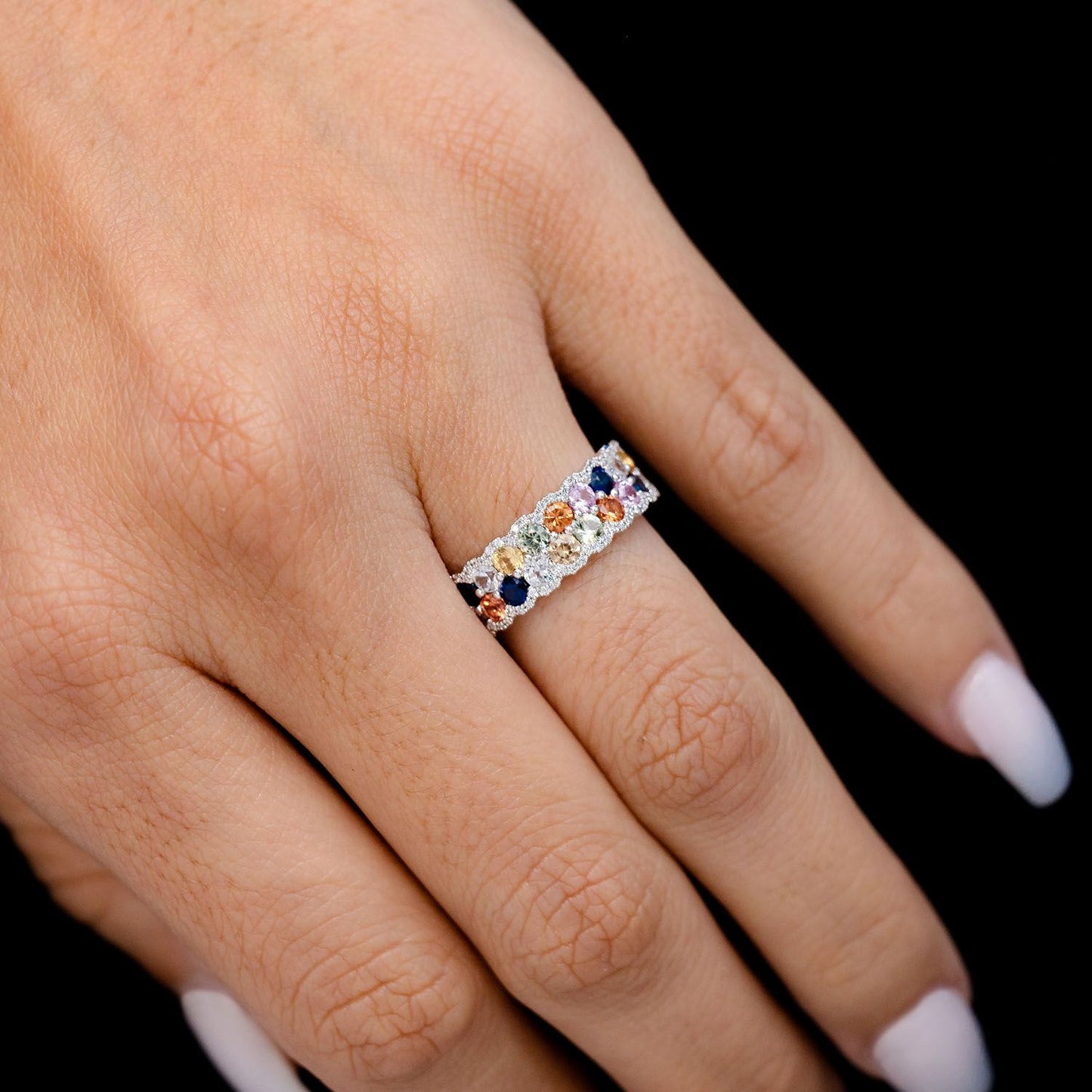 TWO ROW SCALLOP BAND MULTI-COLOR SAPPHIRE RING 14K SOLID GOLD 1.85CTW