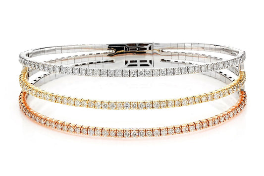 TRI-TONE DIAMOND SPLIT FLEX BANGLE BRACELET 14K SOLID GOLD 3.05CTW