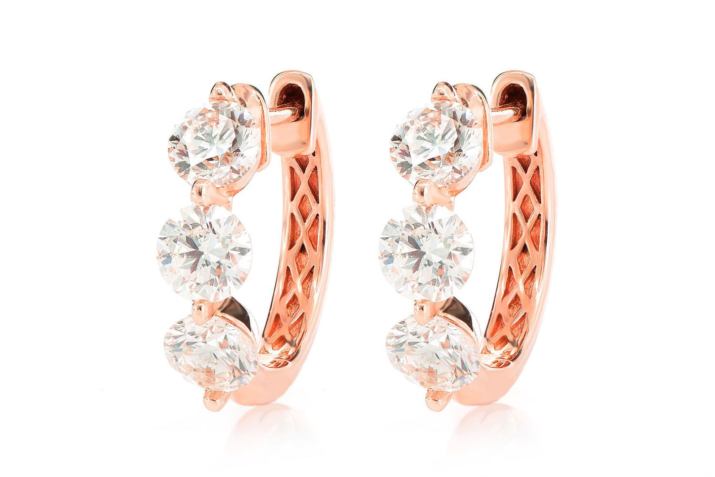 THREE STONE DIAMOND HOOP EARRINGS 14K SOLID GOLD 1.75CTW