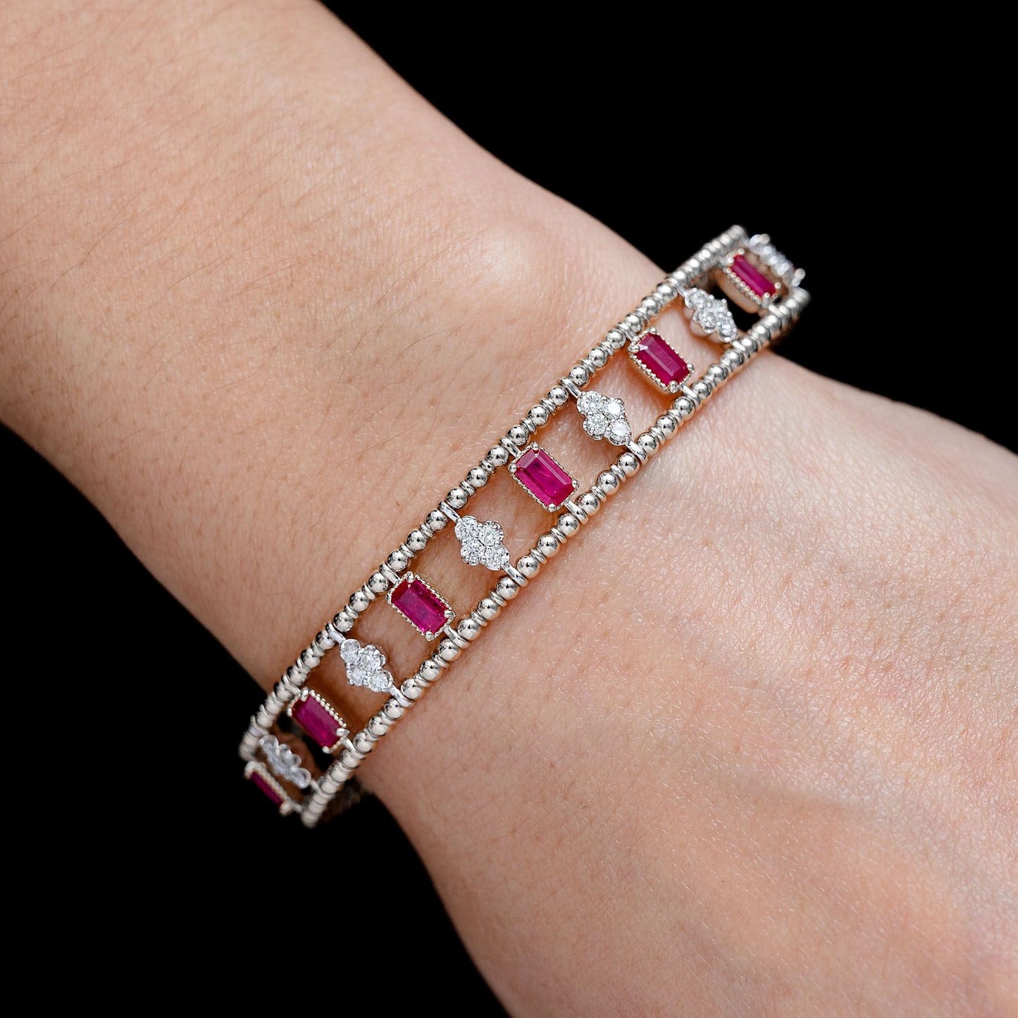 RUBY AND DIAMOND CLUSTER STONE BEADED BANGLE BRACELET 14K SOLID GOLD 2.70CTW