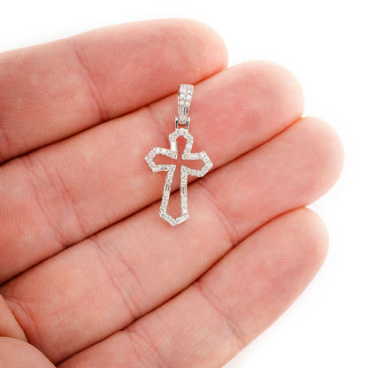 TAPERED OPEN ROUND AND BAGUETTE DIAMOND CROSS PENDANT 14K SOLID GOLD 0.38CTW