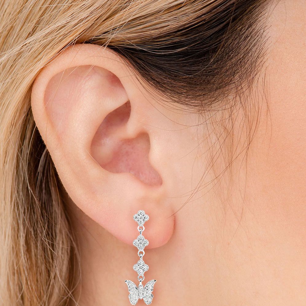 BUTTERFLY CLOVER DIAMOND DANGLING EARRINGS 14K SOLID GOLD 1.25CTW