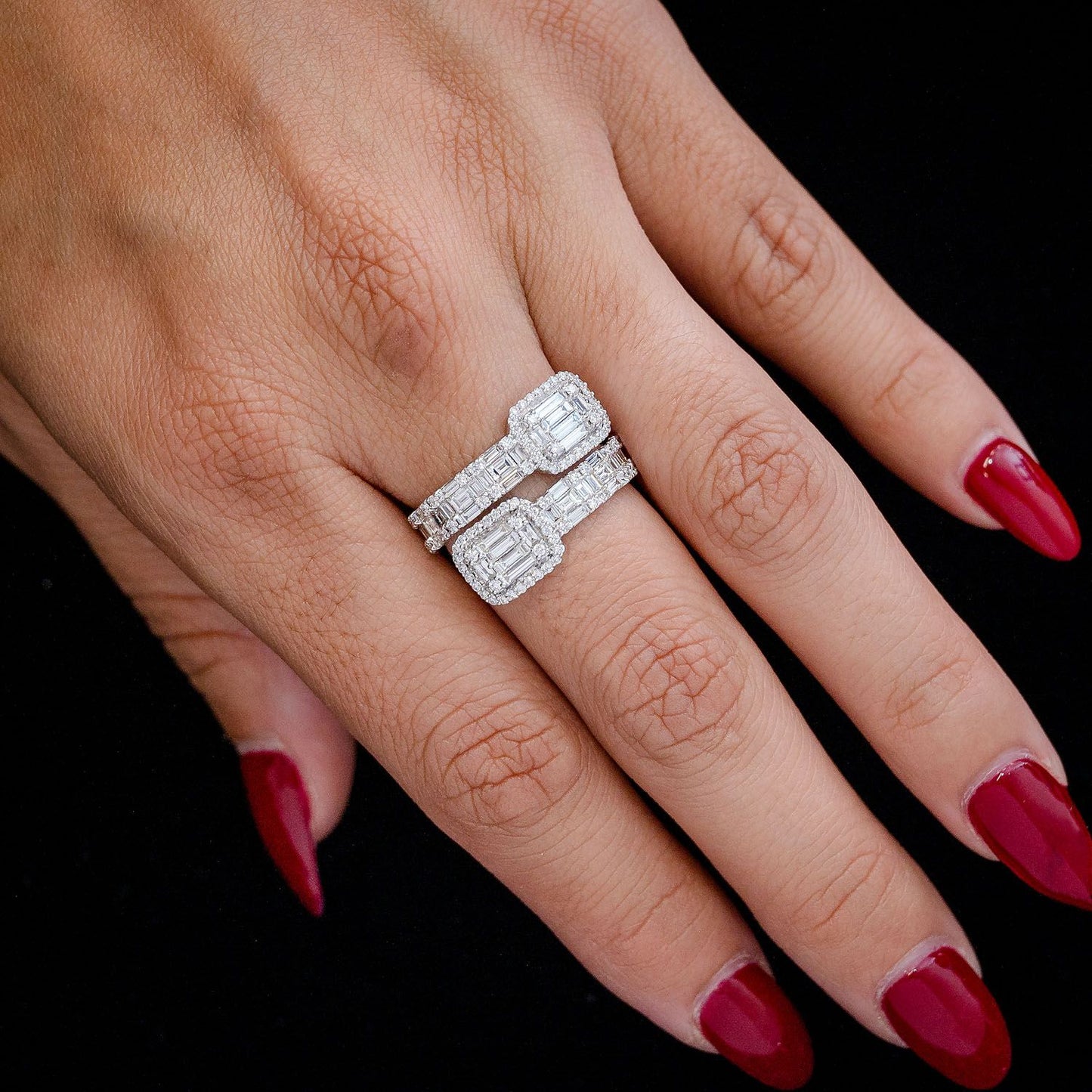 BORDER BAGUETTE BYPASS DIAMOND RING 14K SOLID GOLD 1.65CTW
