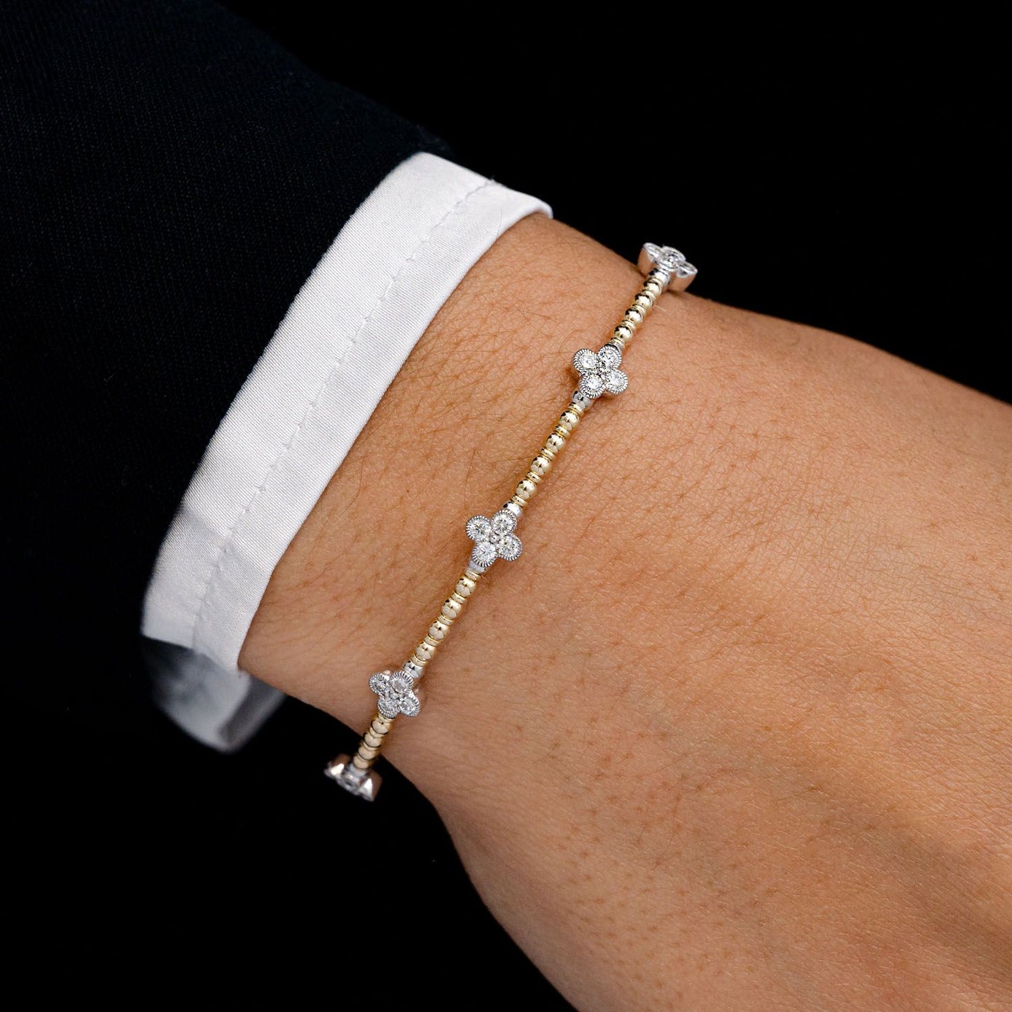 BEADED AND DIAMOND CLOVER MILGRAIN FLEX BANGLE BRACELET 0.60CTW 14K SOLID GOLD