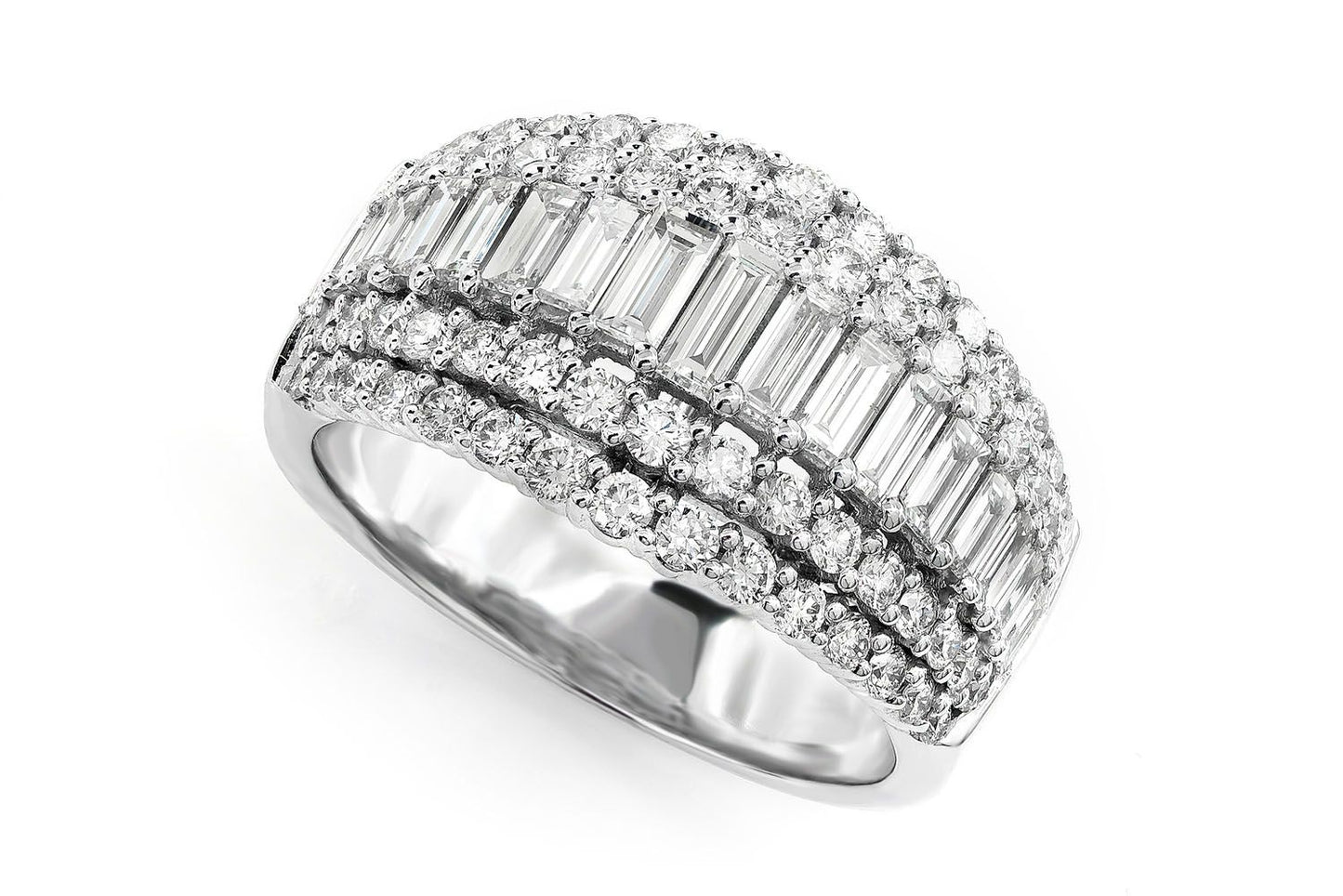FOUR ROW GRADUATED BAGUETTE AND ROUND DIAMOND RING 14K SOLID GOLD 2.00CTW