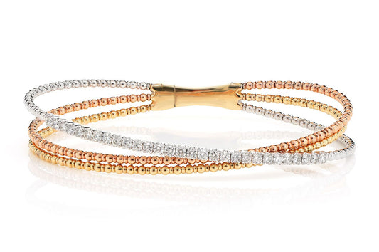 TRI COLOR CROSS OVER DIAMOND BANGLE BRACELET 14K SOLID GOLD 0.90CTW