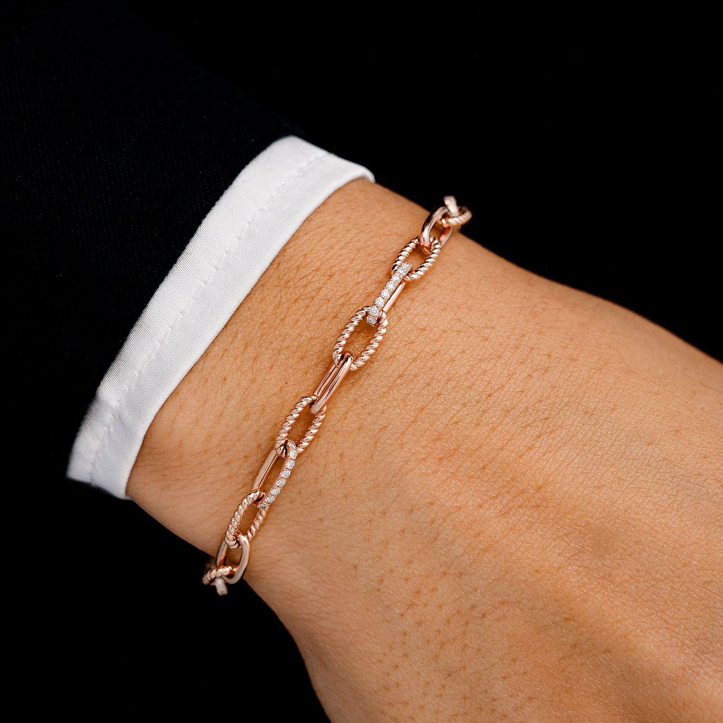 DIAMOND PAVE ENLONGATED ROLO LINK BRACELET 14K SOLID GOLD 0.70CTW