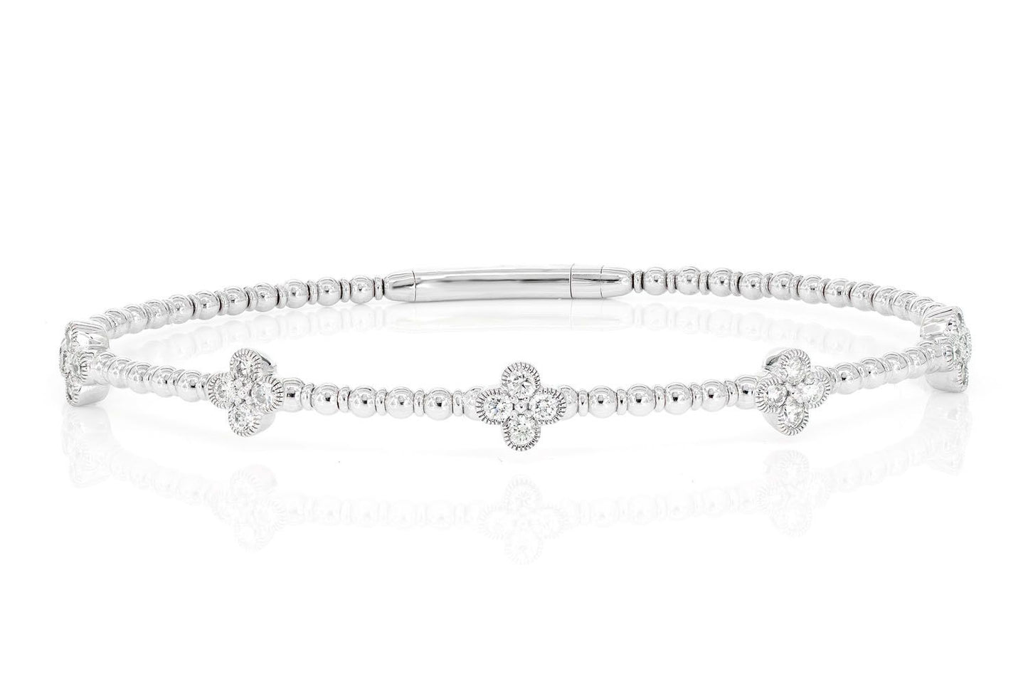 BEADED AND DIAMOND CLOVER MILGRAIN FLEX BANGLE BRACELET 0.60CTW 14K SOLID GOLD