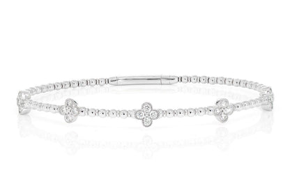 BEADED AND DIAMOND CLOVER MILGRAIN FLEX BANGLE BRACELET 0.60CTW 14K SOLID GOLD