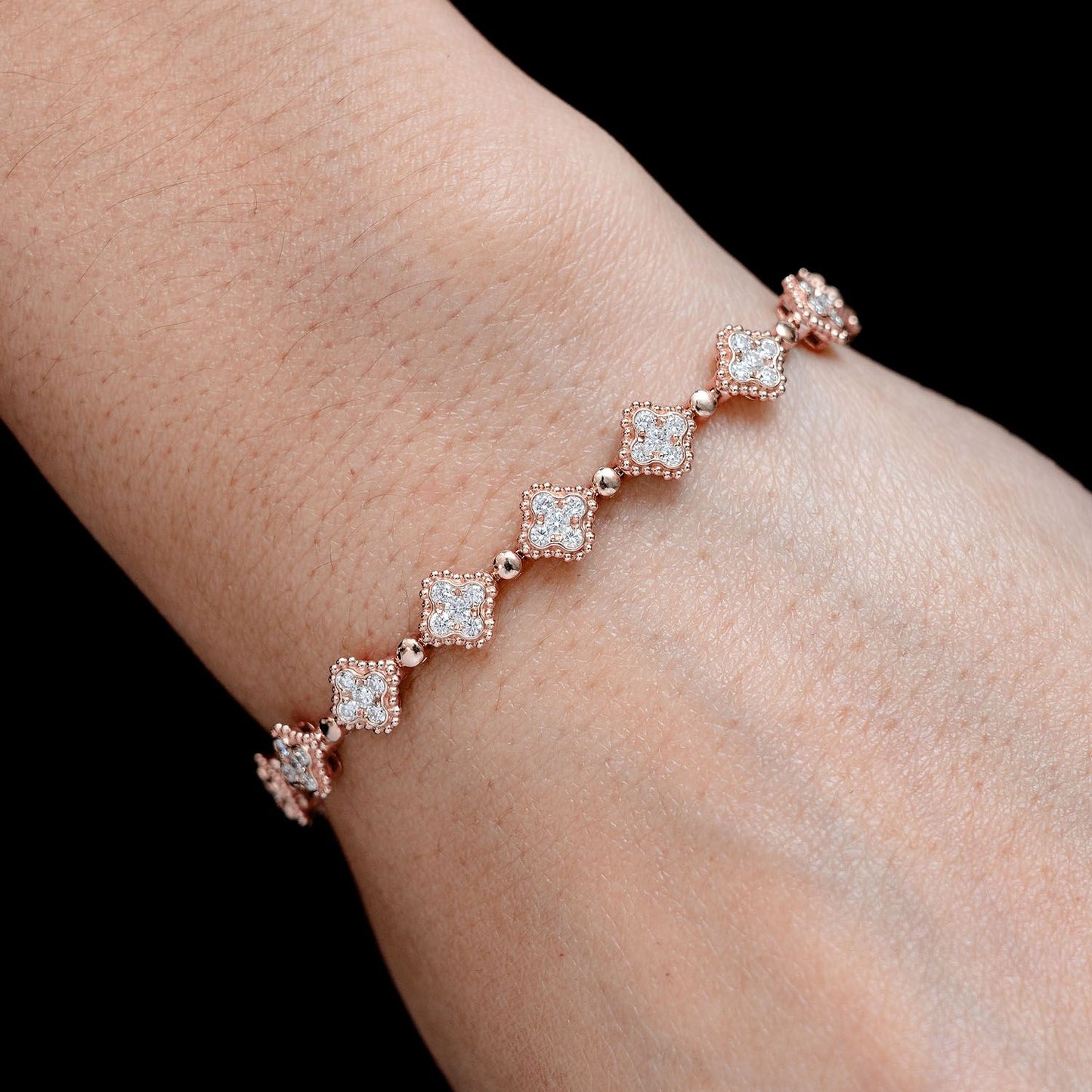 BEADED MILGRAIN CLOVER DIAMOND BRACELET 14K SOLID GOLD 1.84CTW