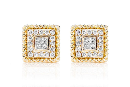 QUAD CENTER DIAMOND HALO ROPE BORDER STUD EARRINGS 14K SOLID GOLD 0.50CTW