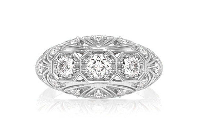 ART DECO INSPIRED GEOMETRIC FLORAL DIAMOND RING 14K SOLID GOLD 0.65CTW