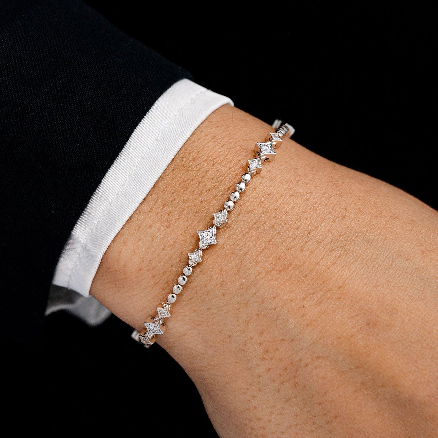 BEADED FOUR POINT STAR TRIO BRACELET 14K SOLID GOLD 0.60CTW