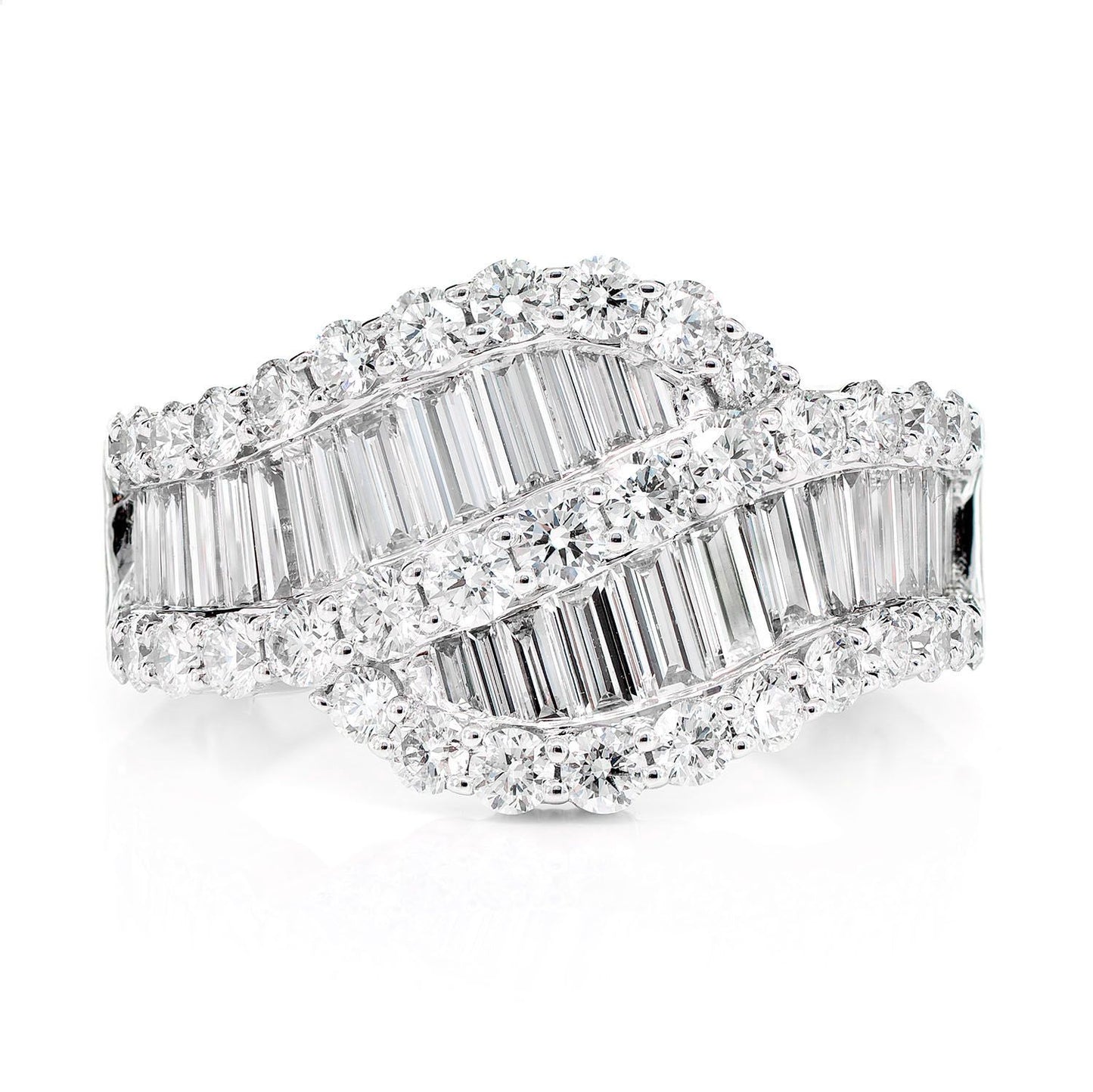 BAGUETTE AND ROUND DIAMOND WAVE RING 14K SOLID GOLD 2.75CTW