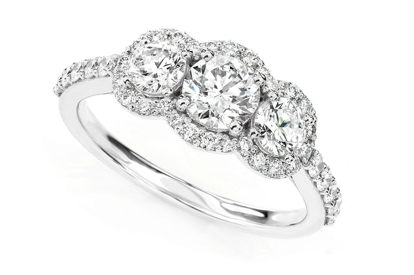 3 STONE HALO DIAMOND ENGAGEMENT RING 1.50CTW- 14K SOLID GOLD