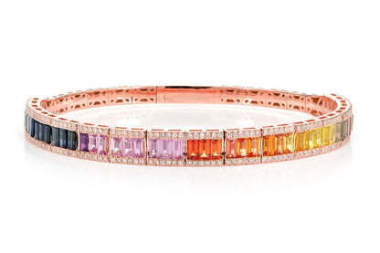 RAINBOW SAPPHIRE AND DIAMOND FLEX BANGLE BRACELET 14K SOLID GOLD 7.10CTW