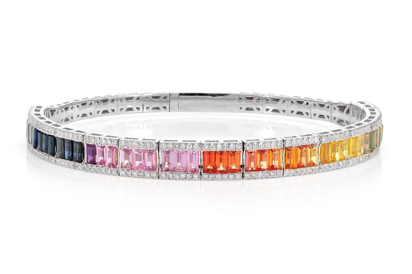 RAINBOW SAPPHIRE AND DIAMOND FLEX BANGLE BRACELET 14K SOLID GOLD 7.10CTW