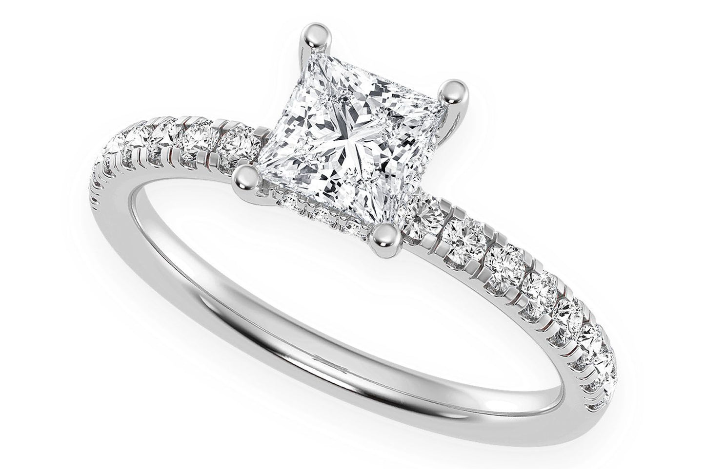 THINN - 0.75CT PRINCESS SOLITAIRE - ONE ROW UNDER HALO - DIAMOND ENGAGEMENT RING