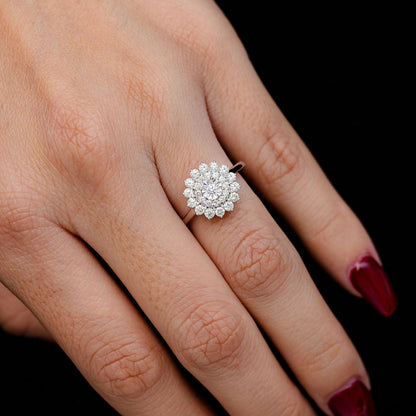 0.65CTW DOUBLE HALO CLUSTER FLOWER DIAMOND ENGAGEMENT RING 14K SOLID GOLD
