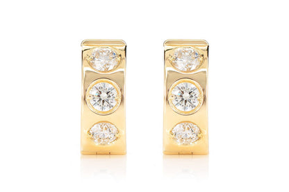 THREE STONE GYPSY SET DIAMOND HUGGIE HOOP EARRINGS 14K SOLID GOLD 0.95CTW